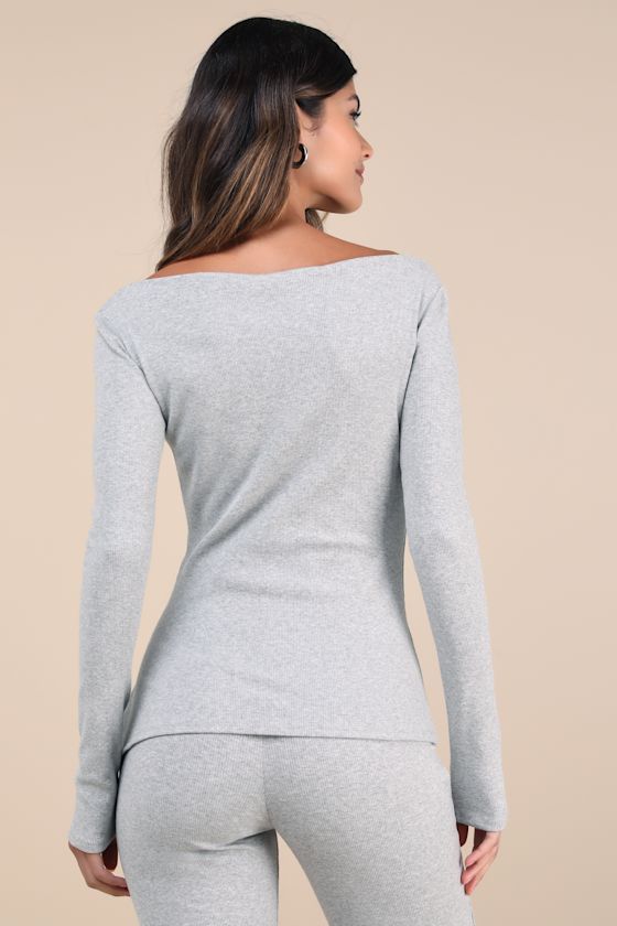 Talia Heather Grey Ribbed Long Sleeve Top - thumbnail 2