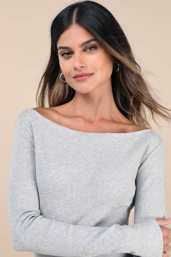Talia Heather Grey Ribbed Long Sleeve Top - thumbnail 3