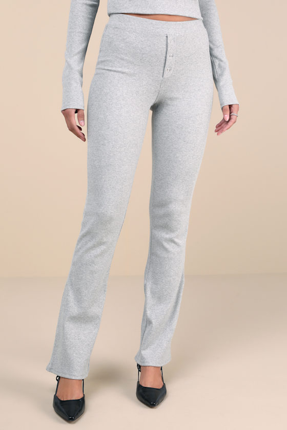 Frankies Bikinis Blair Heather Grey Ribbed Flared Lounge Pants In Heather Grey