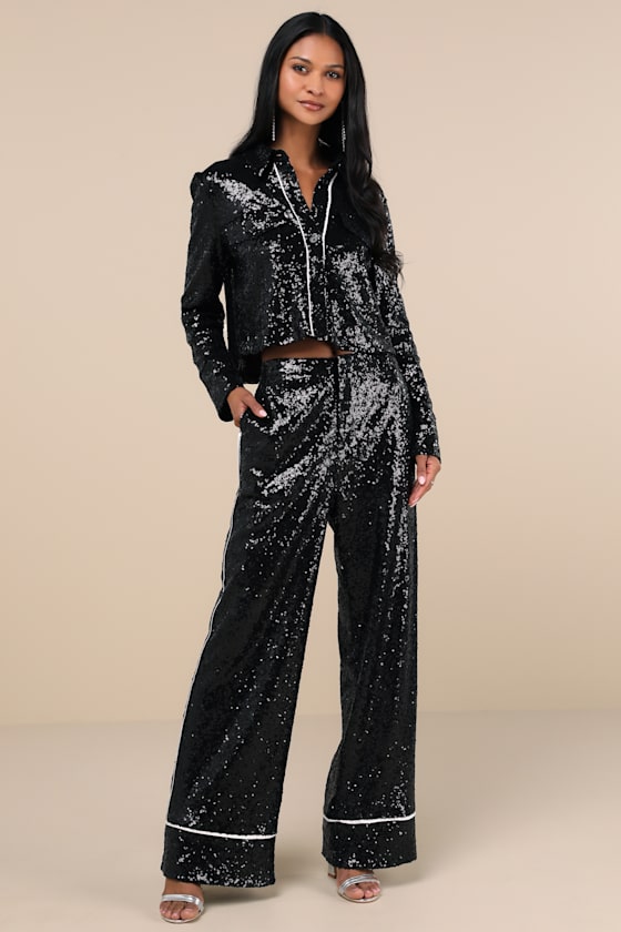 LULUS SPARKLY MOOD BLACK SEQUIN HIGH RISE WIDE-LEG PANTS