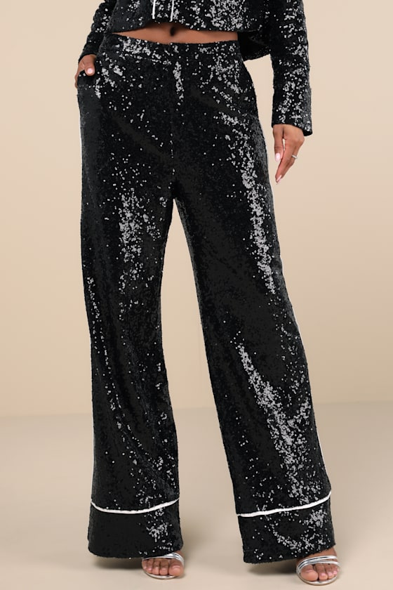 LULUS SPARKLY MOOD BLACK SEQUIN HIGH RISE WIDE-LEG PANTS
