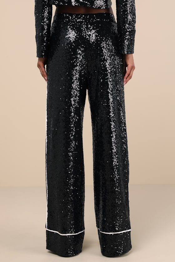 LULUS SPARKLY MOOD BLACK SEQUIN HIGH RISE WIDE-LEG PANTS