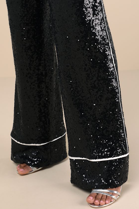 LULUS SPARKLY MOOD BLACK SEQUIN HIGH RISE WIDE-LEG PANTS