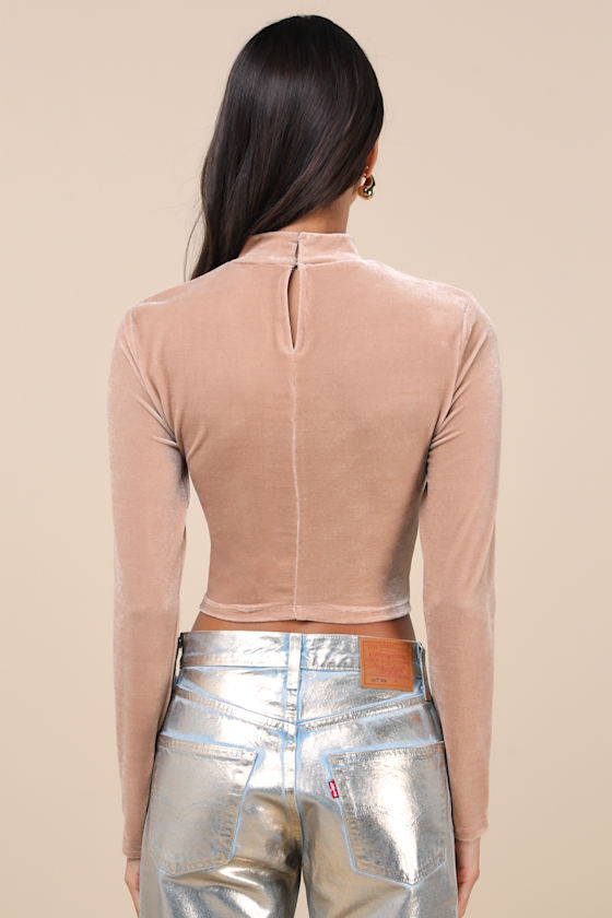 Lucky Moments Beige Velvet Drawstring Cutout Crop Top
