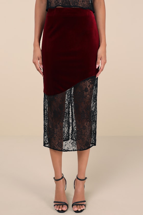 Lulus Endlessly Iconic Burgundy And Black Velvet Lace Midi Skirt In Burgundy