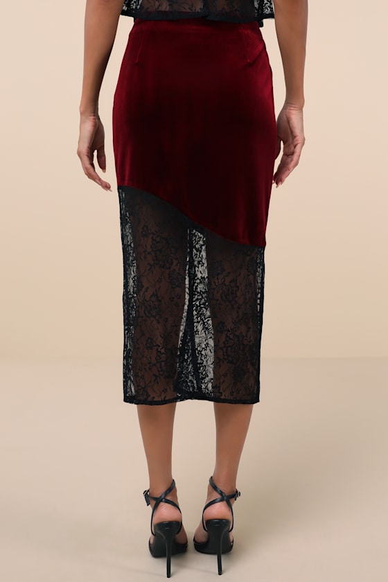 Lulus Endlessly Iconic Burgundy And Black Velvet Lace Midi Skirt In Burgundy