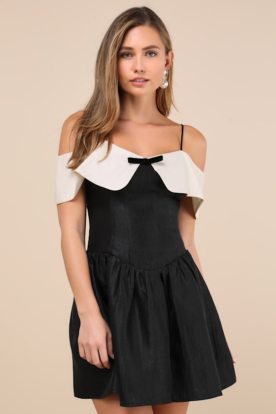 Lulus Upscale Desire Black Contrast Off-the-shoulder Mini Dress In Black