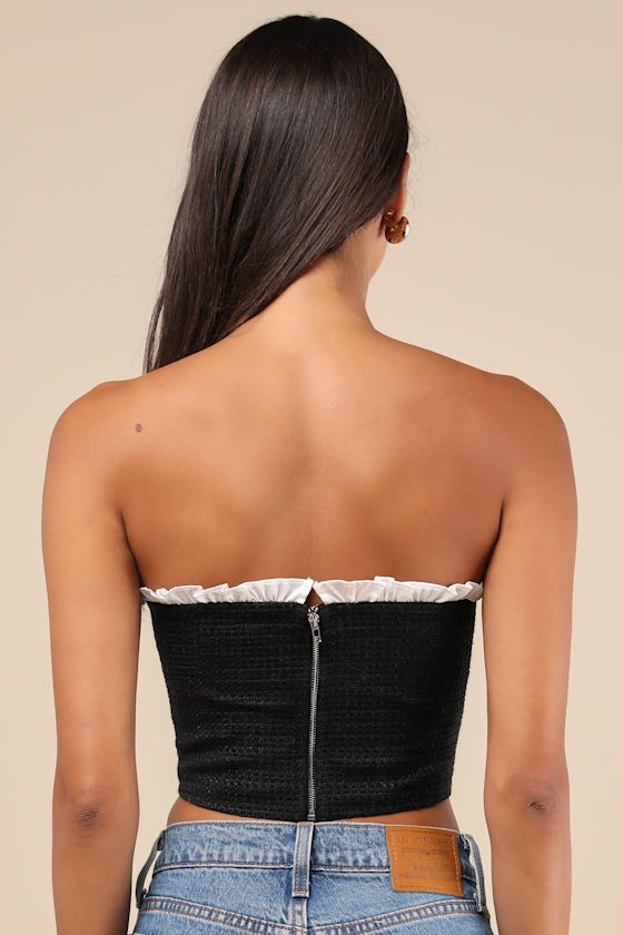 Lulus Polished Chicness Black Tweed Bustier Ruffled Crop Top In Black