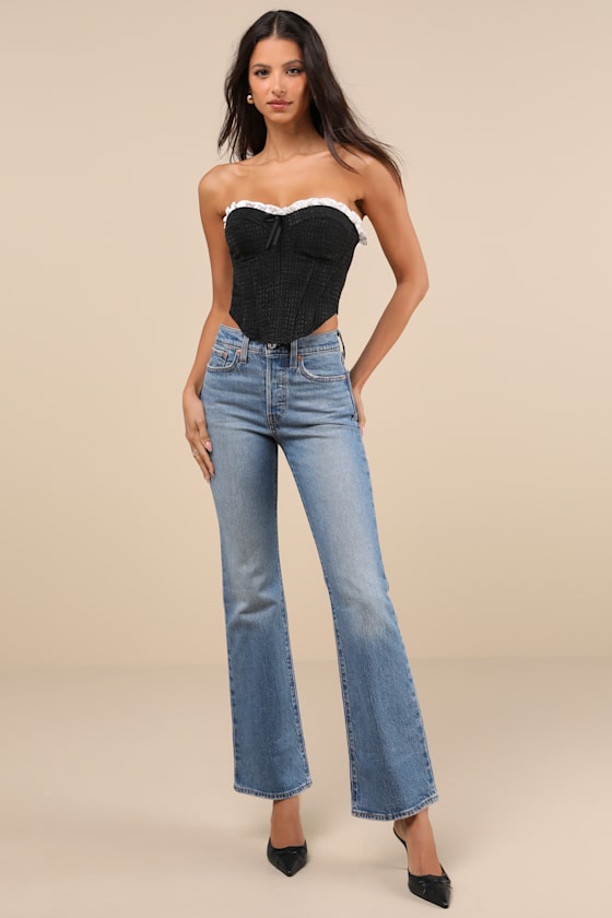 Lulus Polished Chicness Black Tweed Bustier Ruffled Crop Top In Black