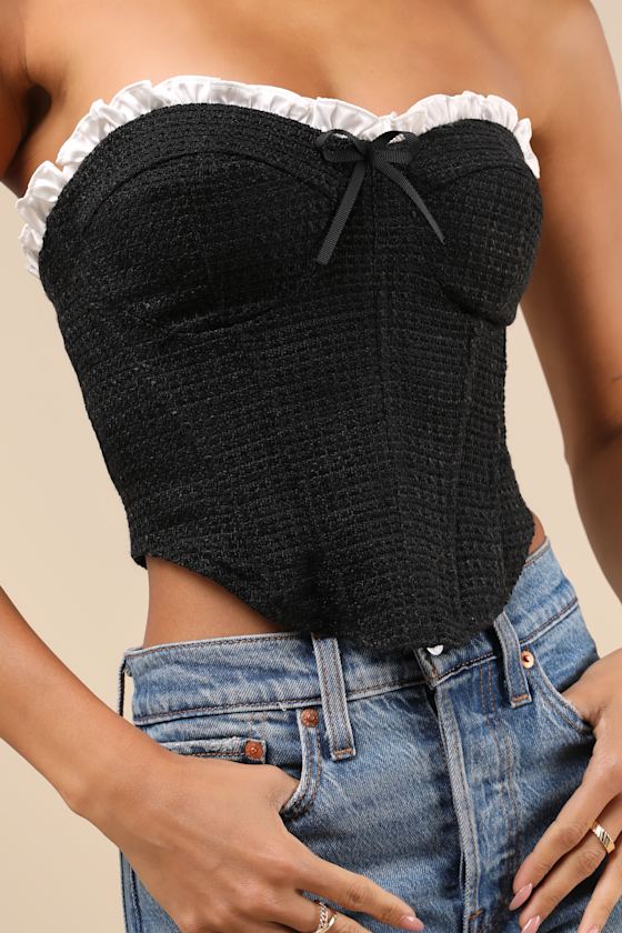 Lulus Polished Chicness Black Tweed Bustier Ruffled Crop Top In Black