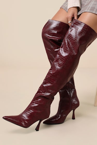 Harpwood Burgundy Croc-Embossed Over-the-Knee Boots