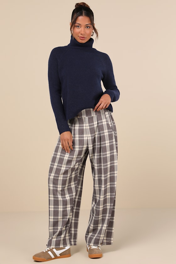 Uniquely Stylish Grey and Mauve Plaid High-Rise Wide-Leg Pants 9