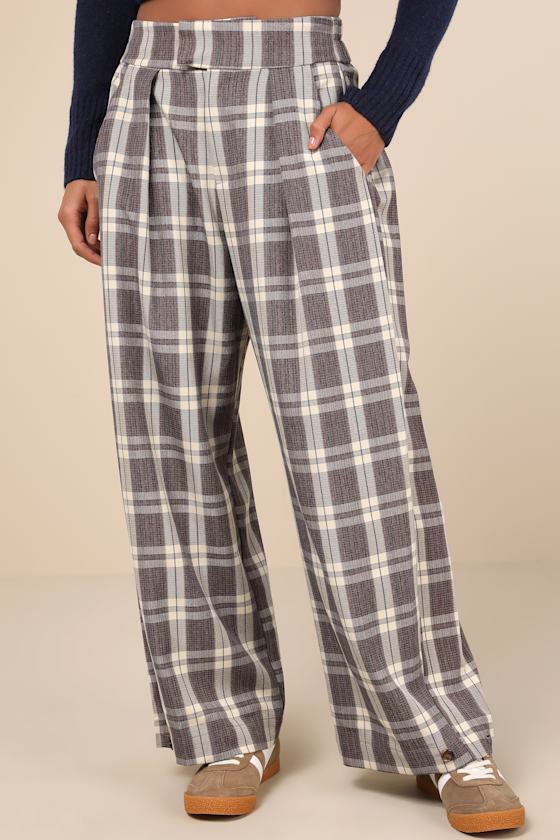 Uniquely Stylish Grey and Mauve Plaid High-Rise Wide-Leg Pants 6