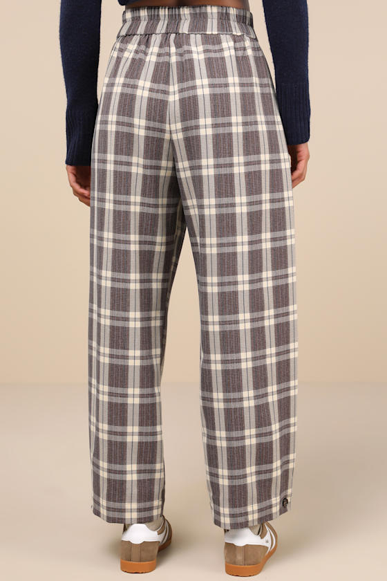 Grey and Mauve Plaid Pants - High-Rise Wide-Leg Pants Grey and Mauve Plaid Pants - High-Rise Wide-Leg Pants