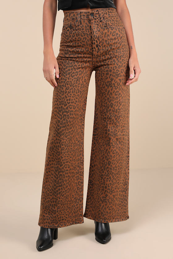 DAZE DENIM FAR OUT TAN LEOPARD PRINT WIDE-LEG JEANS