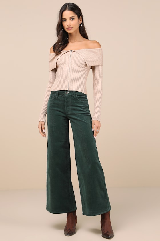 Jbd Timeless Option Dark Green Corduroy Wide-leg Pants In Dark Green