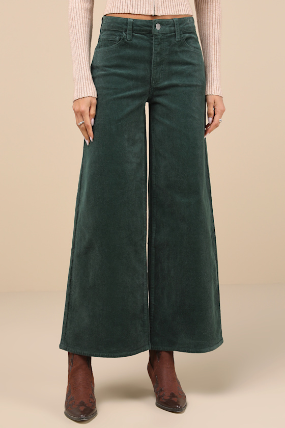 Jbd Timeless Option Dark Green Corduroy Wide-leg Pants In Dark Green