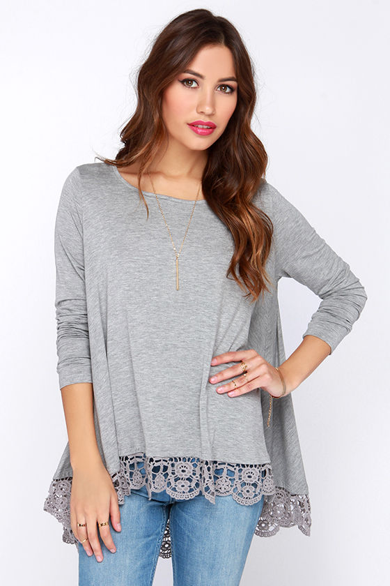 Cute Grey Top - Long Sleeve Top - Crochet Top - $35.00 - Lulus