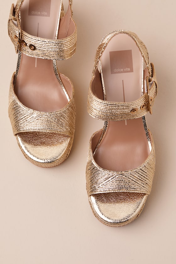 DOLCE VITA BOBBY DECO GOLD TEXTURED PLATFORM HIGH HEEL SANDALS