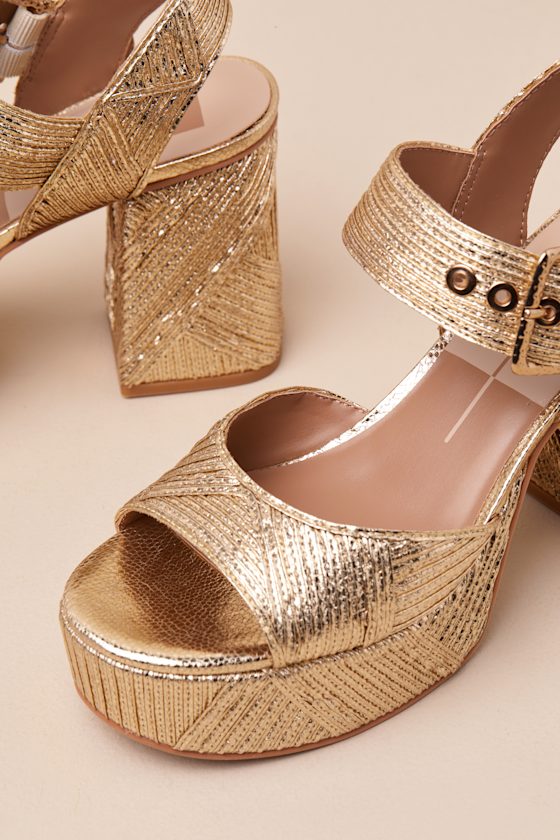 DOLCE VITA BOBBY DECO GOLD TEXTURED PLATFORM HIGH HEEL SANDALS