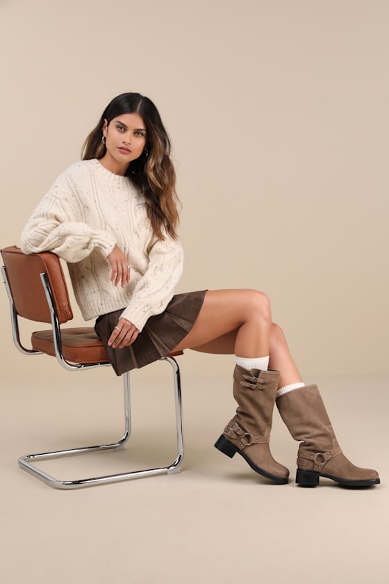 STEVE MADDEN ASTOR TAUPE SUEDE LEATHER MID-CALF MOTO BOOTS