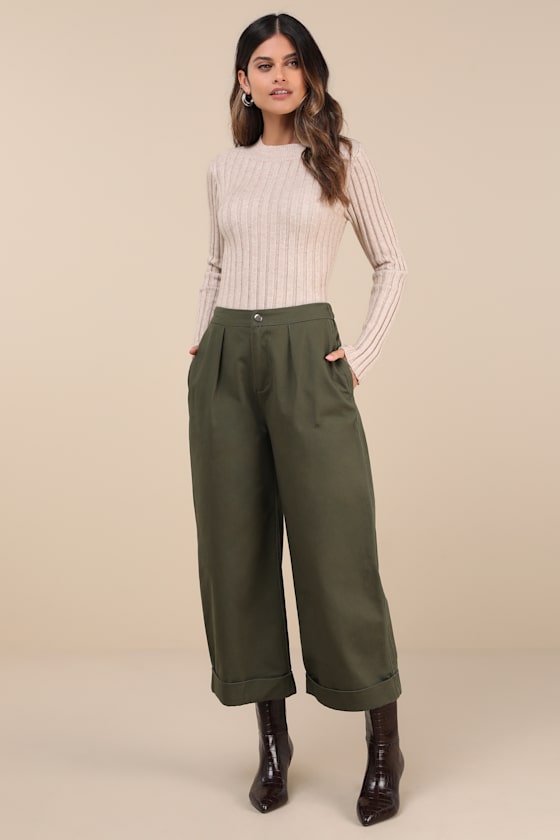 Easy Confidence Olive Green Cuffed Wide-Leg Pants 1
