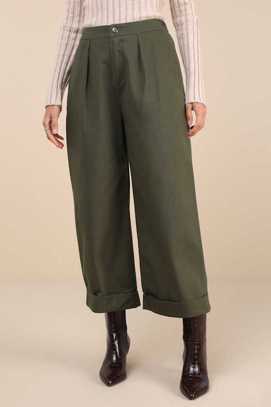 Easy Confidence Olive Green Cuffed Wide-Leg Pants 4