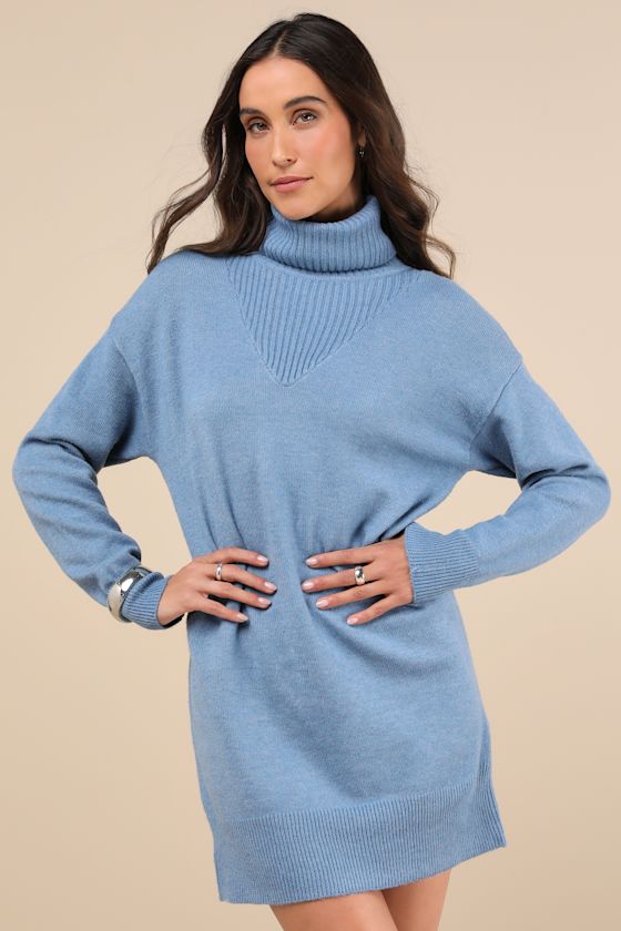 Frosty Forecast Blue Turtleneck Long Sleeve Sweater Dress 3