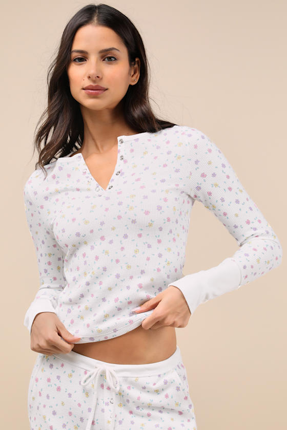 FRANKIES BIKINIS NATE WHITE FLORAL WAFFLE KNIT TOP