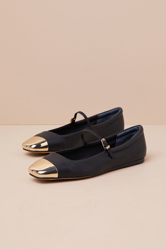 Reyes Black Leather Cap Toe Buckle Ballet Flats 1