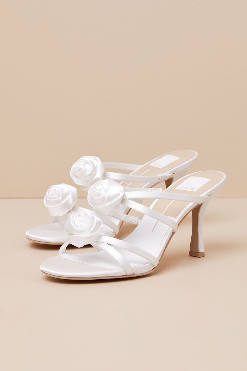Linzy True White Satin Rosette High Heel Slide Sandals