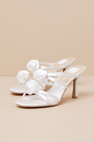 Linzy True White Satin Rosette High Heel Slide Sandals 1