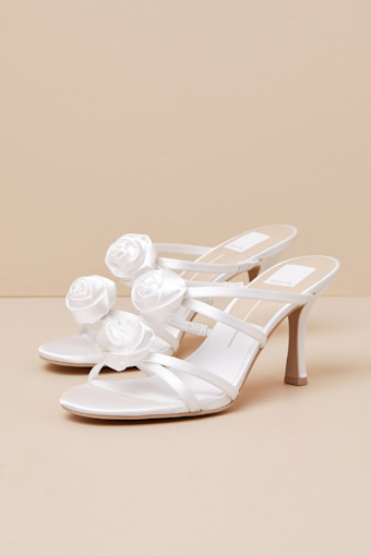 Linzy True White Satin Rosette High Heel Slide Sandals 1