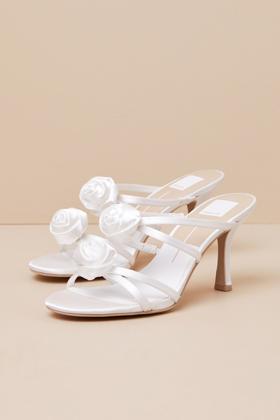 Linzy True White Satin Rosette High Heel Slide Sandals 1