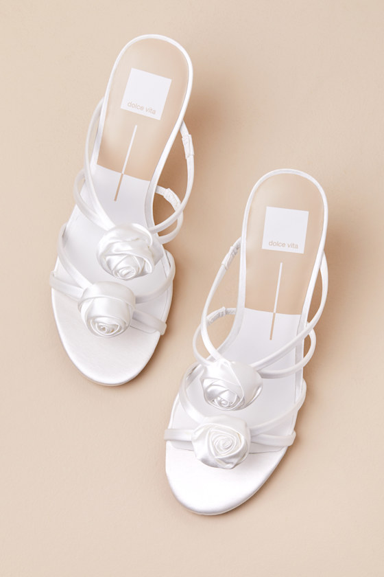Dolce Vita Linzy True White Satin Rosette High Heel Slide Sandals In White