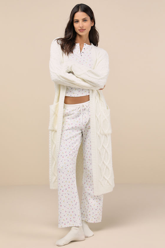 FRANKIES BIKINIS CABIN WHITE FLORAL WAFFLE KNIT PANTS
