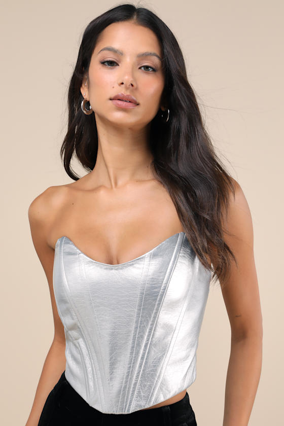 Certified Bombshell Silver Vegan Leather Strapless Bustier Top 1