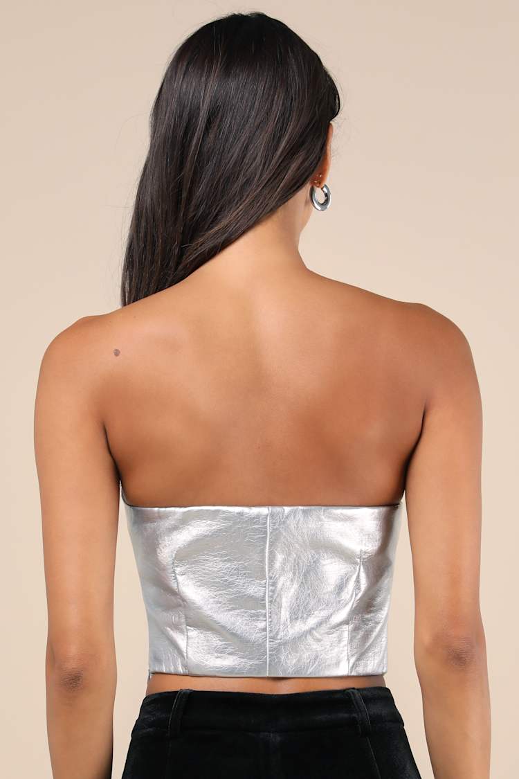 Certified Bombshell Silver Vegan Leather Strapless Bustier Top