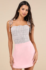 Decidedly Flirtatious Pink Tweed Tie-Strap Bodysuit 1