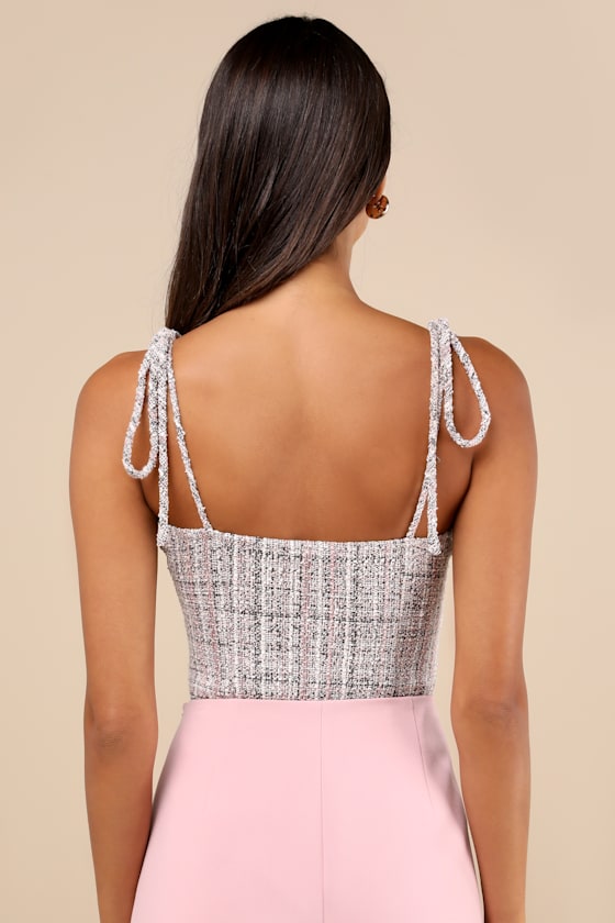 Decidedly Flirtatious Pink Tweed Tie-Strap Bodysuit 2