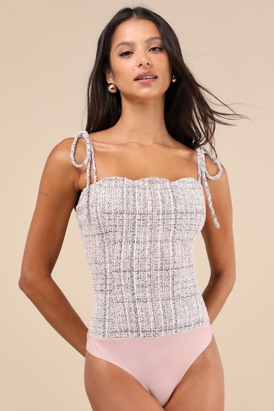 Lulus Decidedly Flirtatious Pink Tweed Tie-strap Bodysuit In Pink