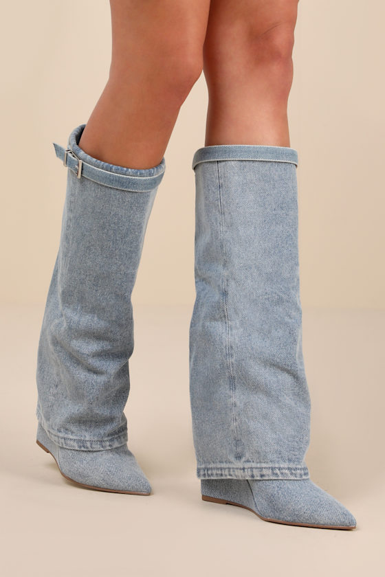 Corenne Denim Fold-Over Knee-High Wedge Boots 1