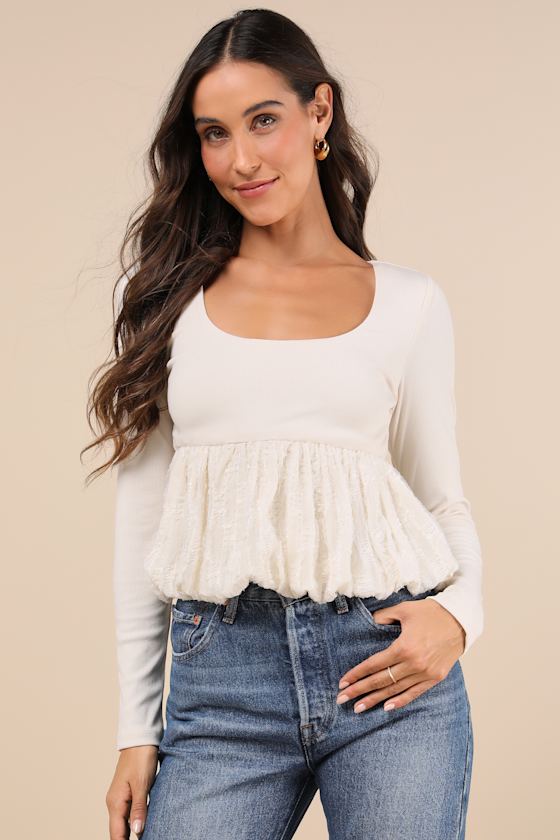 Lulus Constantly A Cutie Ivory Mixed Media Bubble-hem Top In Ivory