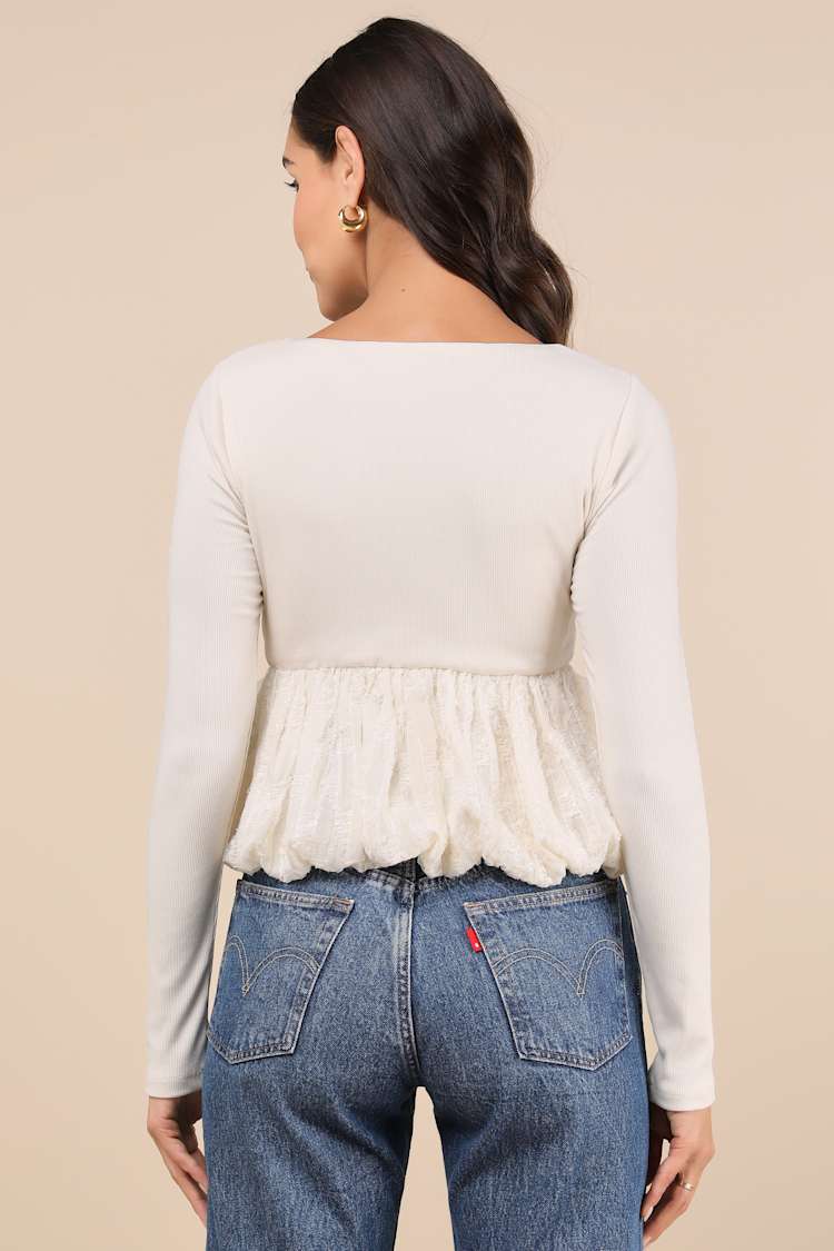 Constantly a Cutie Ivory Mixed Media Bubble-Hem Top