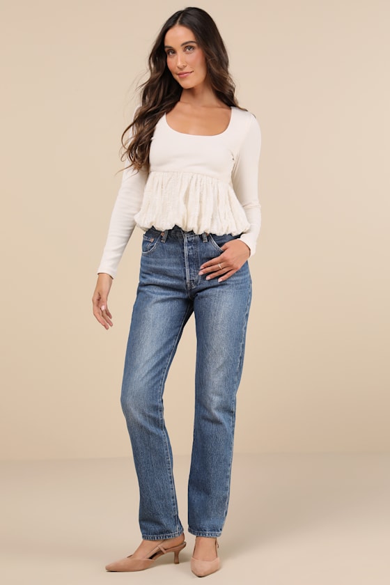 Lulus Constantly A Cutie Ivory Mixed Media Bubble-hem Top In Ivory