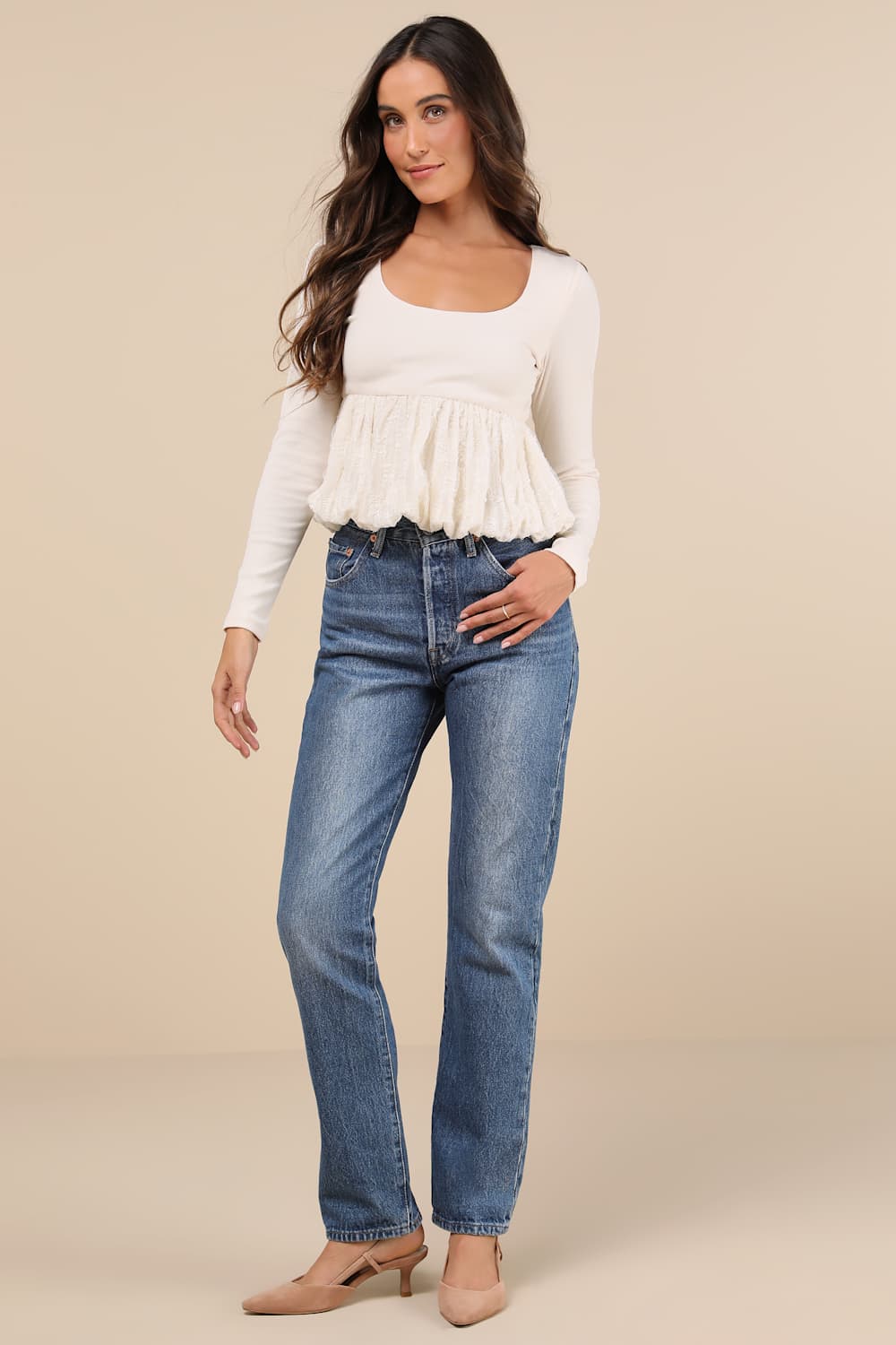 Constantly a Cutie Ivory Mixed Media Bubble-Hem Top