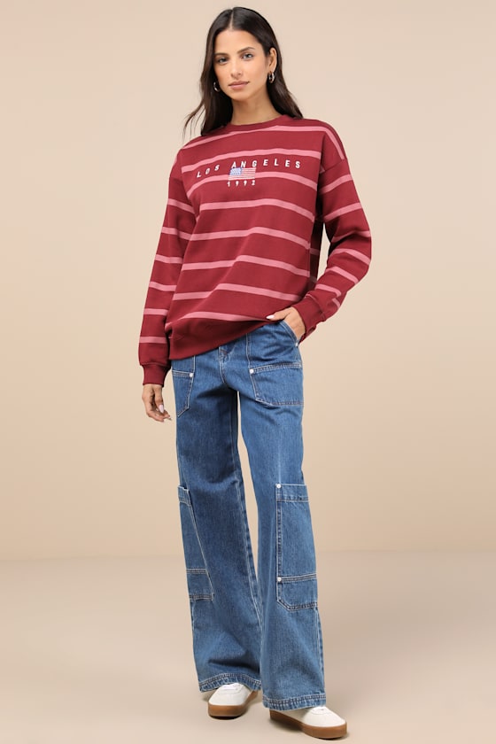 Daisy Street Los Angeles Red Striped Oversized Sweatshirt In Red