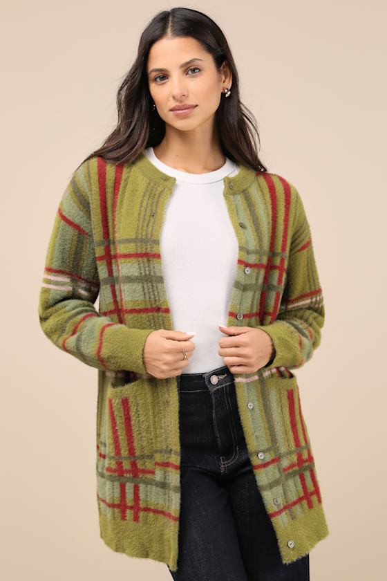 Cozier Days Green Plaid Fuzzy Oversized Cardigan 1