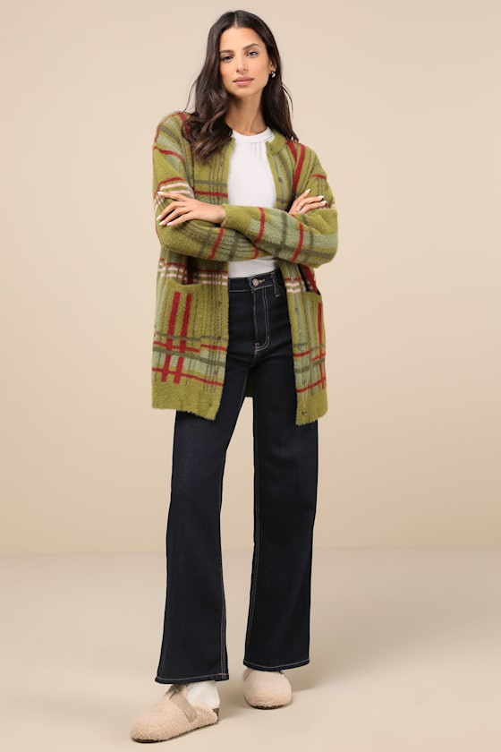 Cozier Days Green Plaid Fuzzy Oversized Cardigan 3