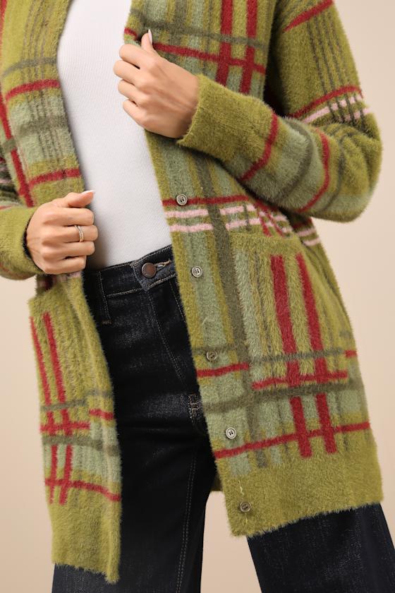 DAISY STREET COZIER DAYS GREEN PLAID FUZZY OVERSIZED CARDIGAN